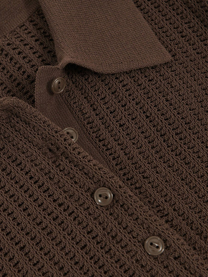 Reiss Value - Open-Knit Long-Sleeve Polo Top in Chocolate Brown