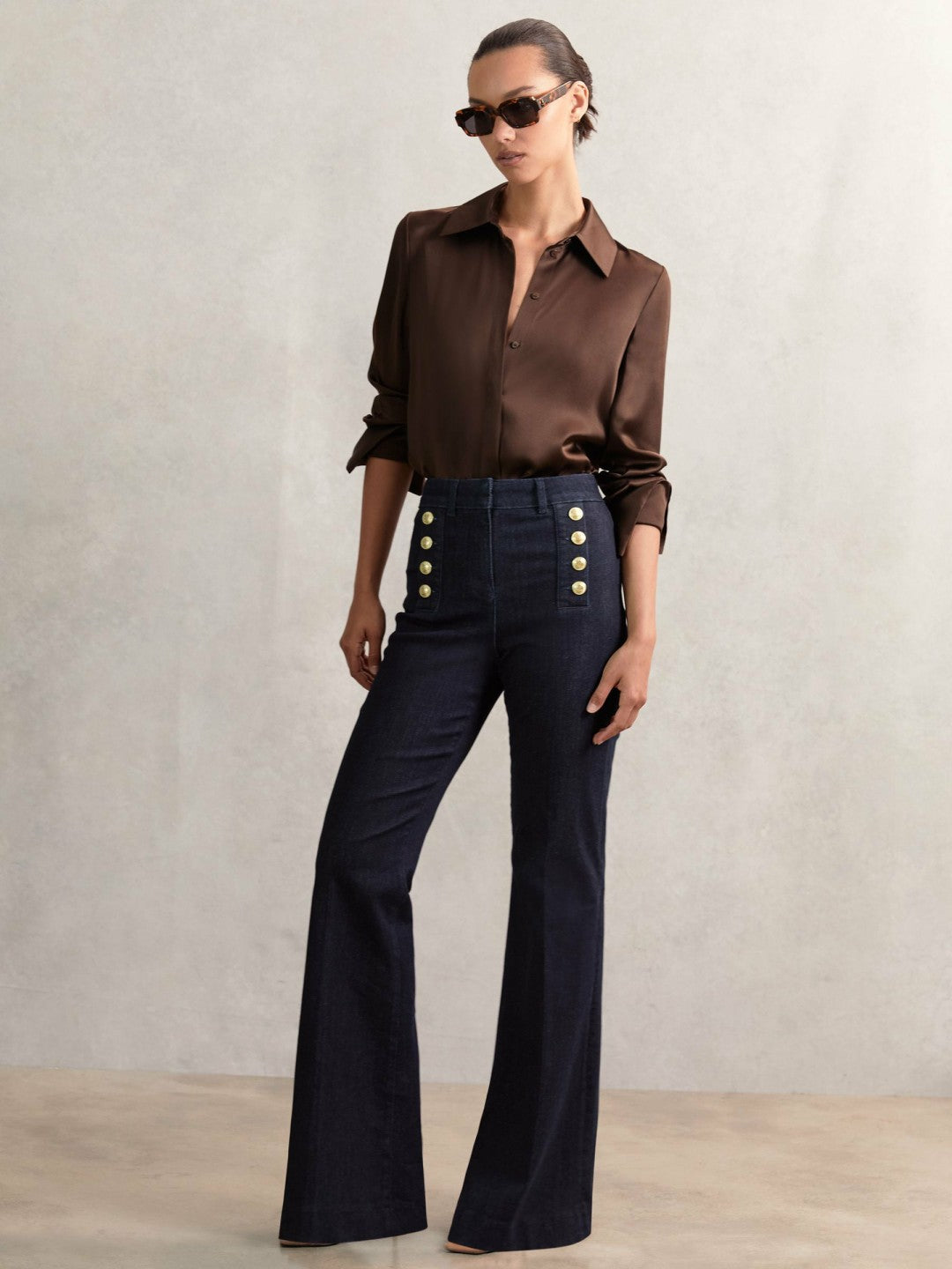 Reiss Petite Button-Detail High-Rise Flared Jeans in Dark Blue