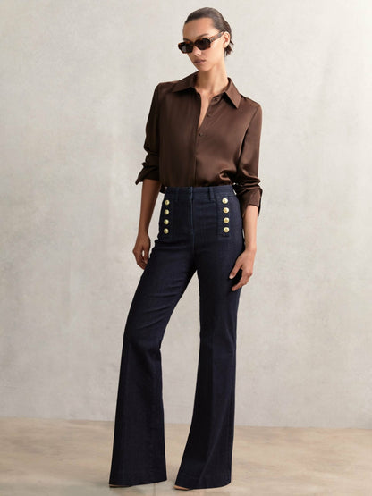 Reiss Petite Button-Detail High-Rise Flared Jeans in Dark Blue