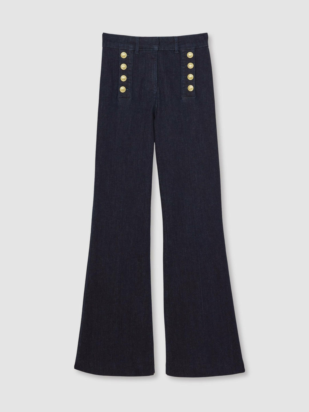 Reiss Petite Button-Detail High-Rise Flared Jeans in Dark Blue