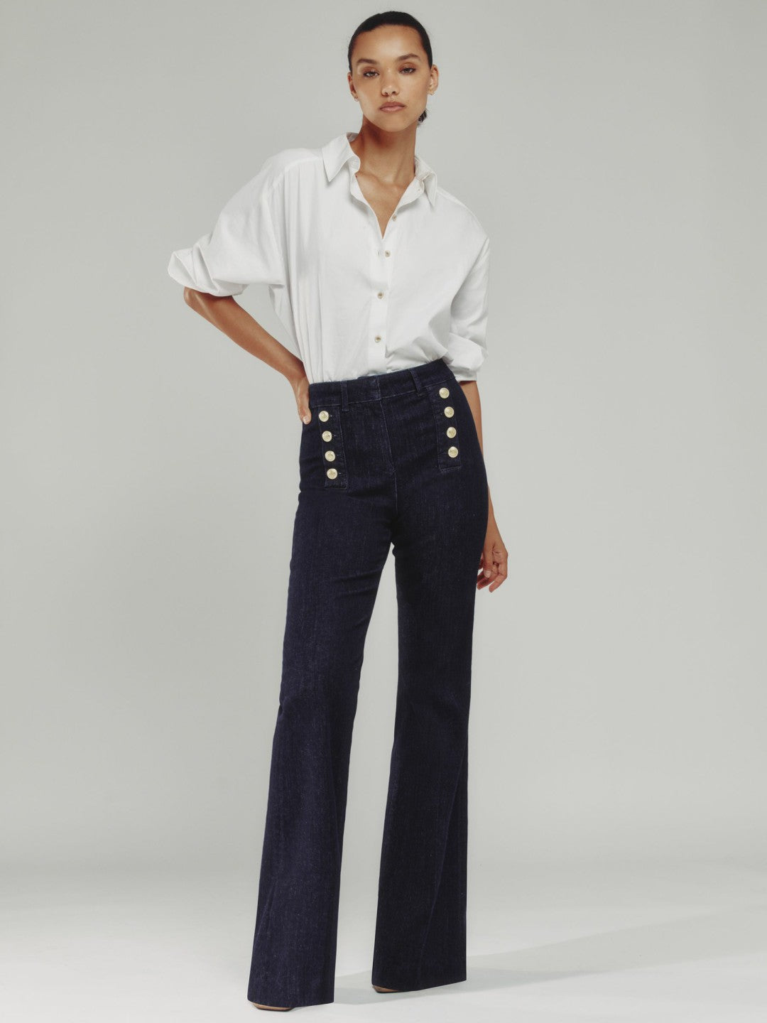 Reiss Petite Button-Detail High-Rise Flared Jeans in Dark Blue