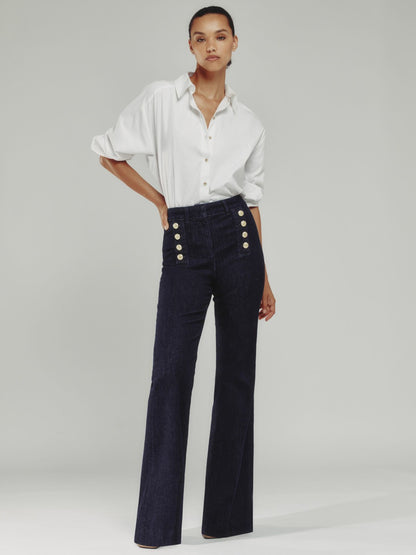 Reiss Petite Button-Detail High-Rise Flared Jeans in Dark Blue