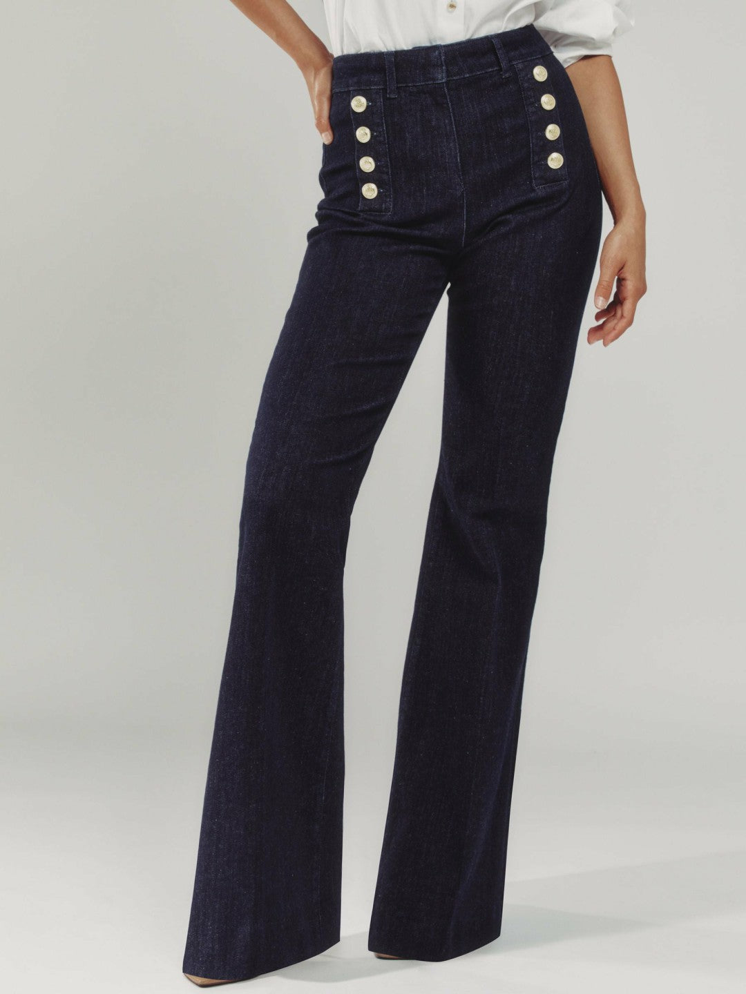 Reiss Petite Button-Detail High-Rise Flared Jeans in Dark Blue