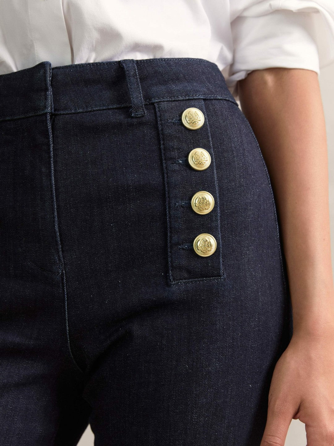 Reiss Petite Button-Detail High-Rise Flared Jeans in Dark Blue